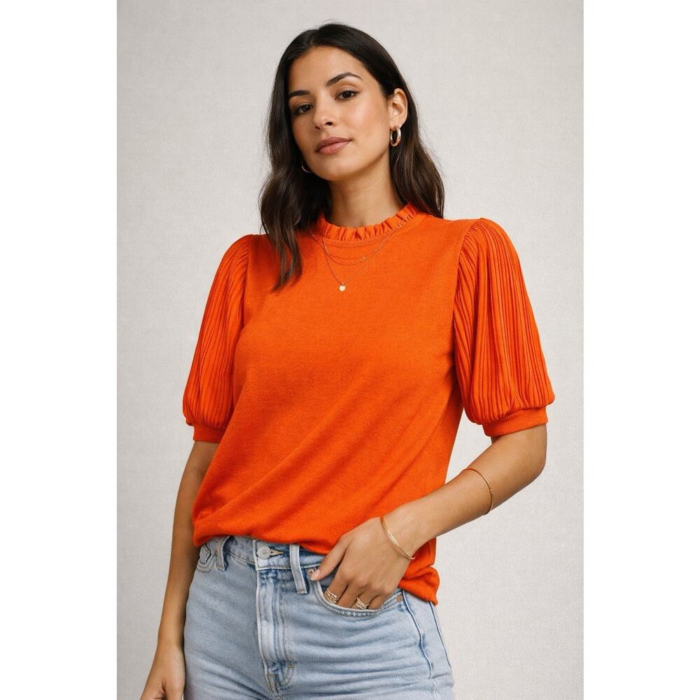 Orange Pleated Sleeve Top Blouse Minimalist Statement Lightweight XL